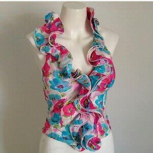 Point Halter Top Ruffle Blue Pink Floral Womens Sm